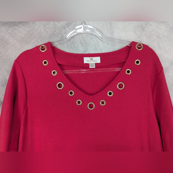 Quacker Factory 1X Rhinestone Studded Grommets Red Blouse - Picture 6 of 11